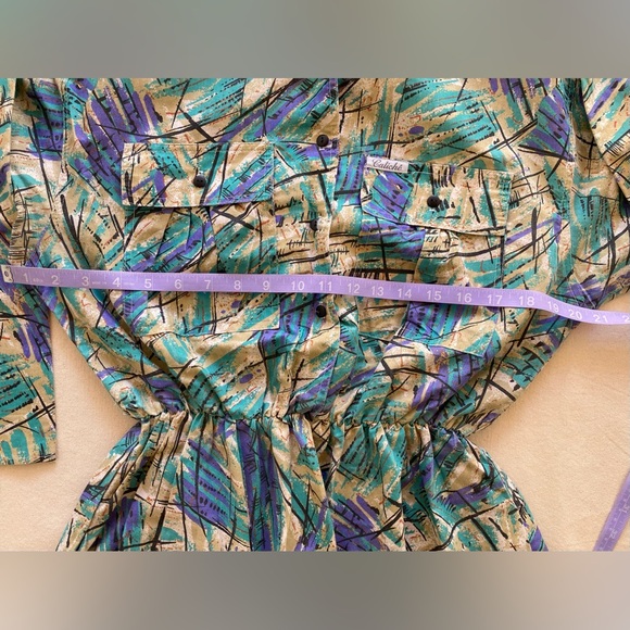 Caliche Vintage 80s Printed Design 3/4 Sleeve Pockets Collared Shirt Dress 12 - Picture 9 of 9